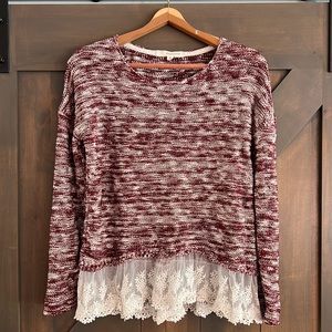 Adorable Laced-Sweater - Maroon & White; lace contours waist front & back